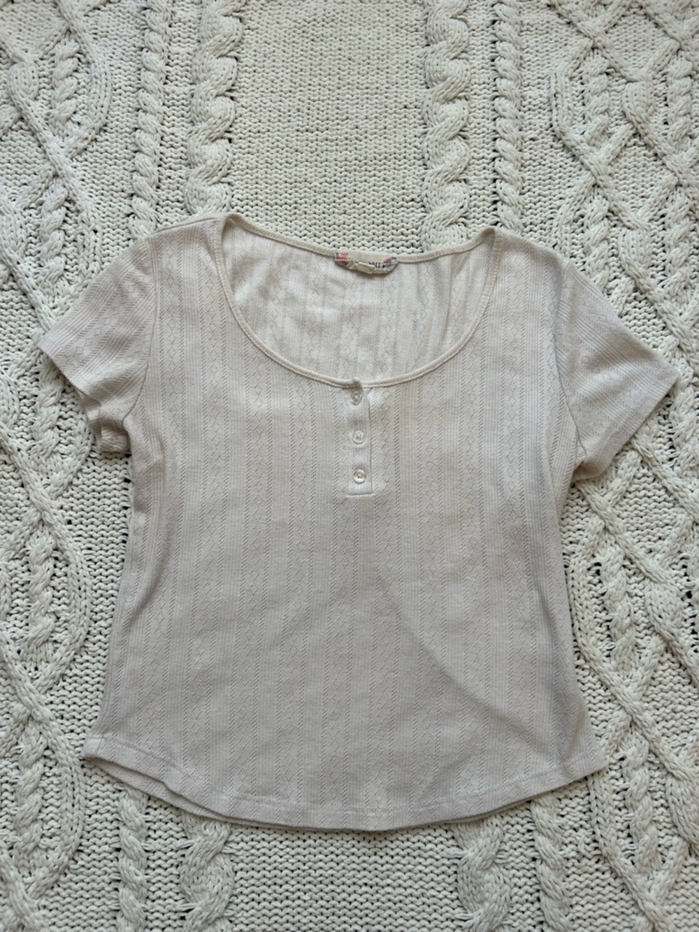 Women’s White Short Sleeve Scoop Neck Pointelle Top